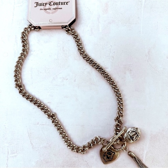 JUICY COUTURE Necklace Crystal Locket, Heart, Tassel Toggle Silvertone - Picture 5 of 5
